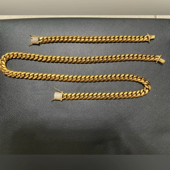 18k CUBAN LINK CHAIN AND BRACELET 18k GOLD PLATED 30" 9.5mm - Picture 11 of 16